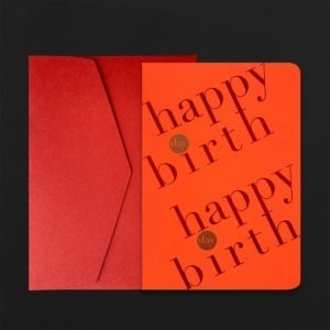 Carte A5 HAPPY BIRTH DAY en biais orange fluo + env C5 carmin