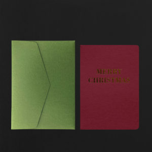 Carte postale MERRY CHRISTMAS dorure sur grenat + enveloppe herbe