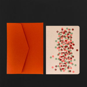 Carte postale HAPPY BIRTHDAY CONFETTIS ROUGE SUR PECHE + enveloppe mandarine