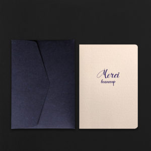 Folded Card MERCI BEAUCOUP script + night blue envelope
