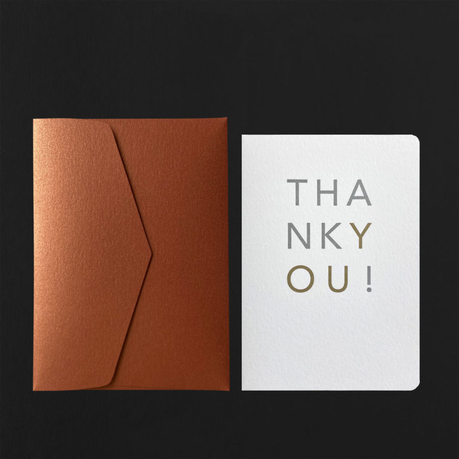 Carte postale THANK YOU or/argent + enveloppe cuivre