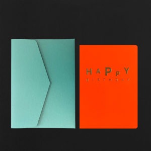 Carte HAPPY BIRTHDAY dansant dorure orange fluo + env menthe