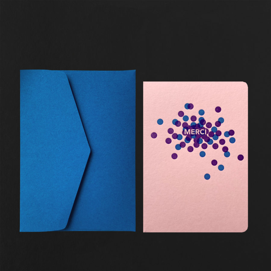 Carte postale MERCI confettis bleu + enveloppe saphire