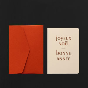 Carte JOYEUX NOEL BONNE ANNEE ivoire + env mandarine