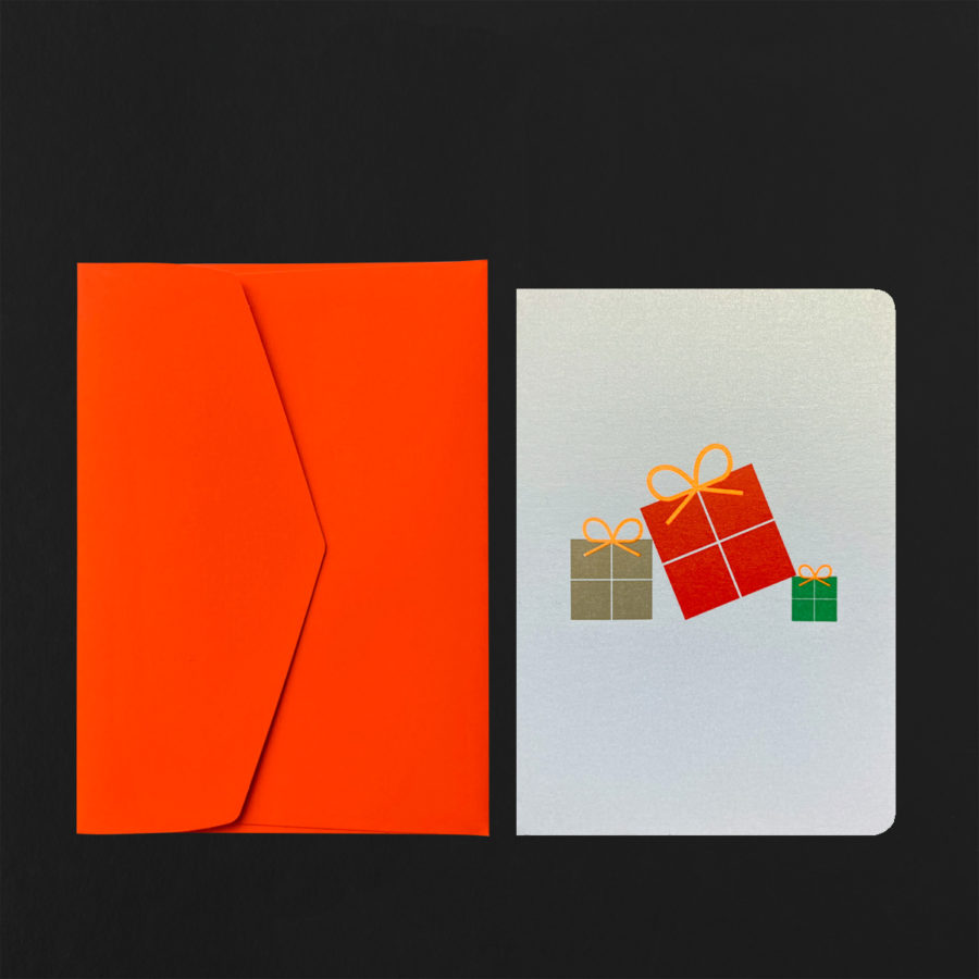 Folded Card 3 GIFTS gold red green + fluo orange envelope
