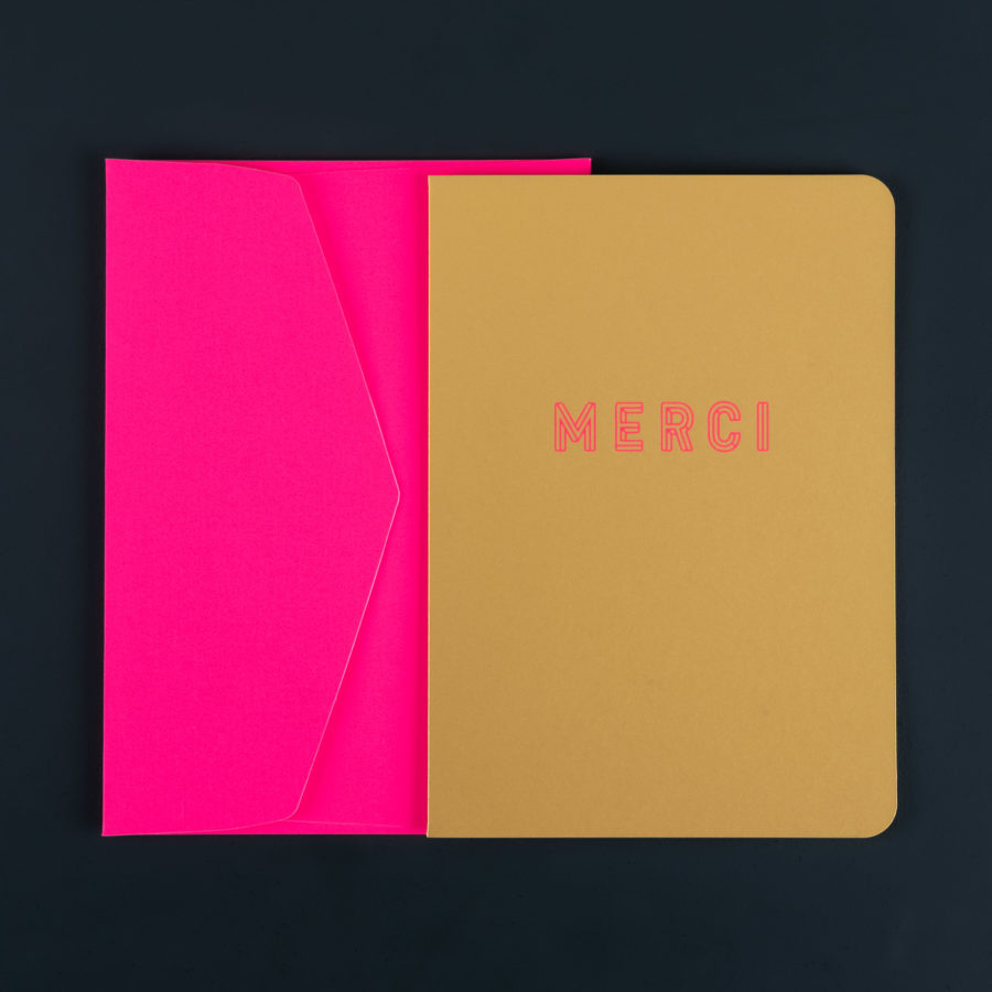 Carte A5 MERCI gold dorure rose + env C5 rose fluo