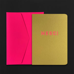 A5 Folded Card MERCI gold with pink foil + C5 neon pink envelope