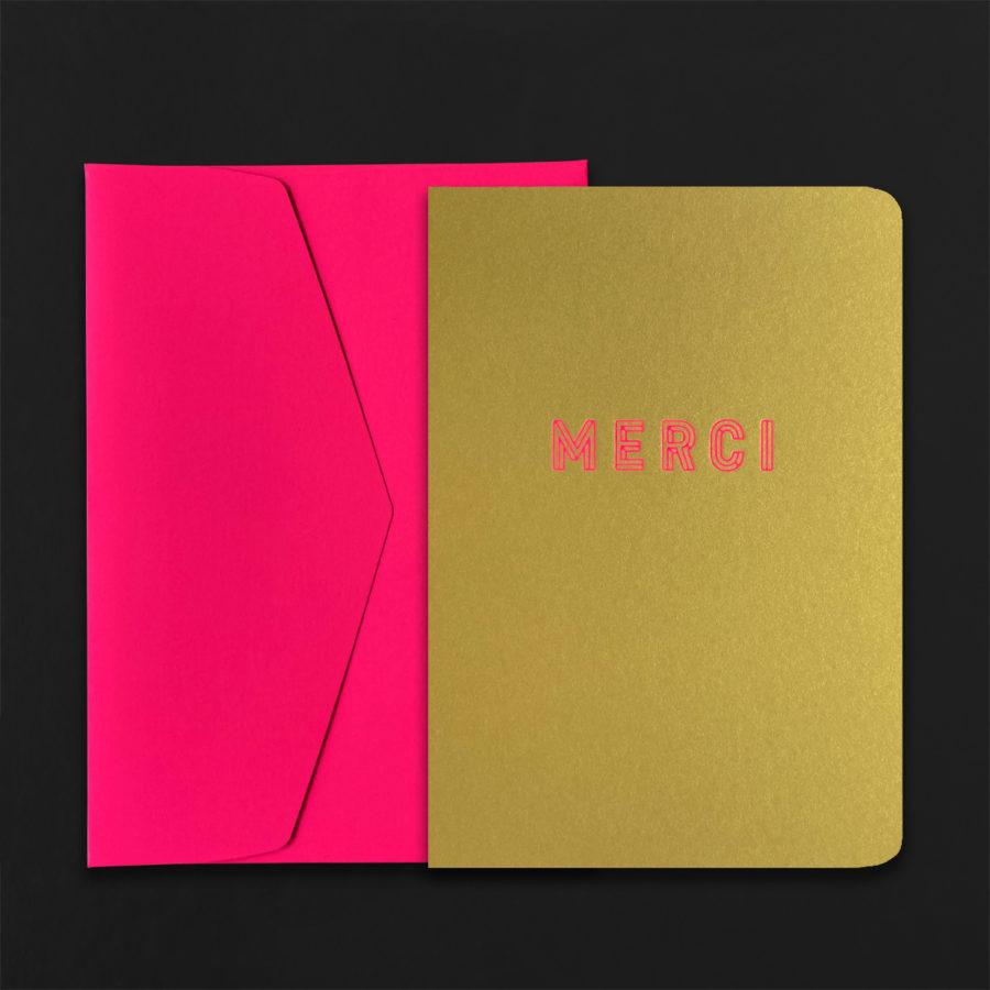 Carte A5 MERCI gold dorure rose + env C5 rose fluo