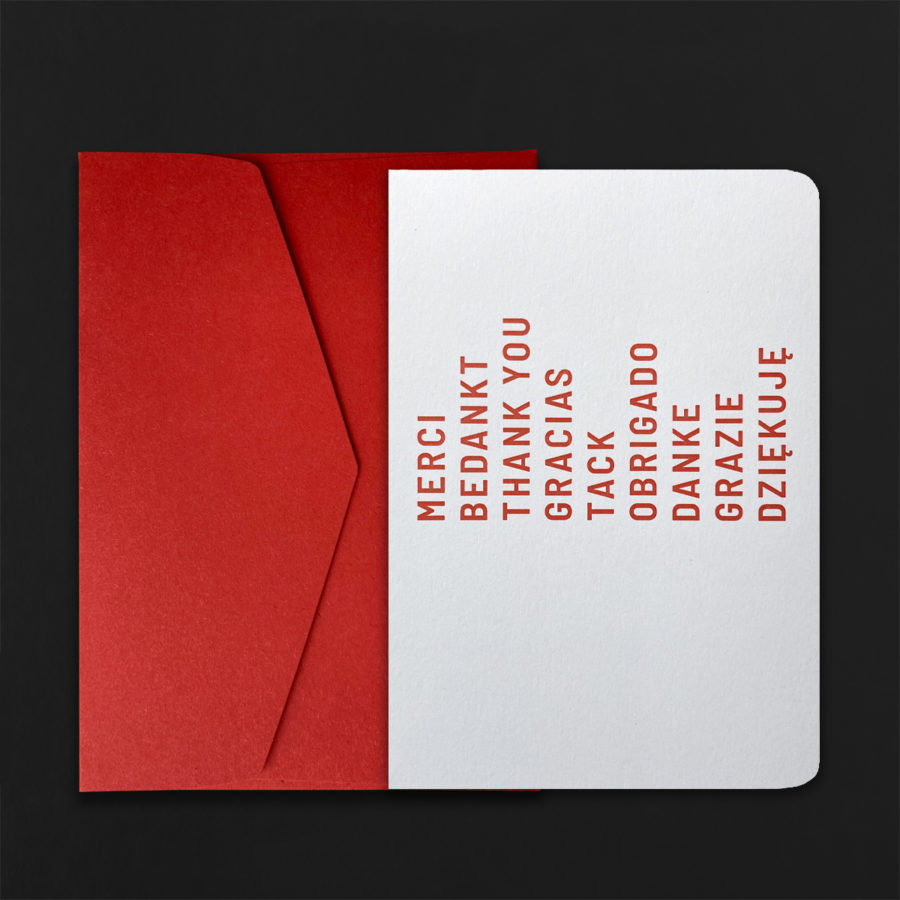 Carte A5 MERCI BEDANKT THANK YOU + enveloppe C5 CARMIN