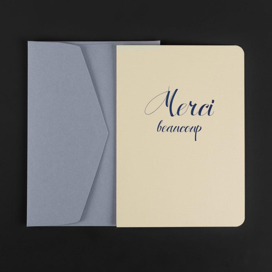 A5 Folded Card MERCI BEAUCOUP script + C5 lavender envelope