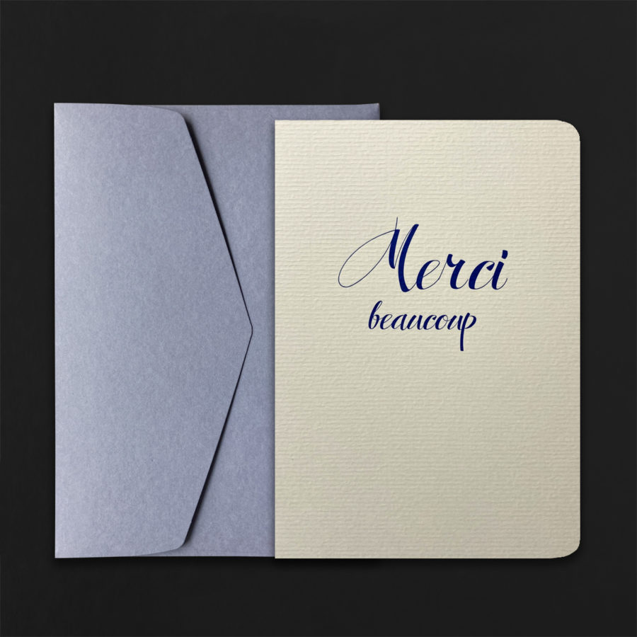 A5 Folded Card MERCI BEAUCOUP script + C5 lavender envelope